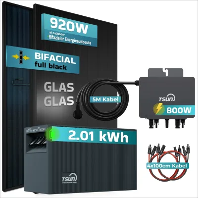 SUNNIVA® 920W Balkonkraftwerk mit 2,01 kWh Speicher TSUN TSOL SOLARCAN & 800W Wechselrichter, BIFAZIAL FULLBLACK komplett Steckdose, PV Solaranlage Komplettset mit Solarspeicher, 2x460W N-Type Glas
