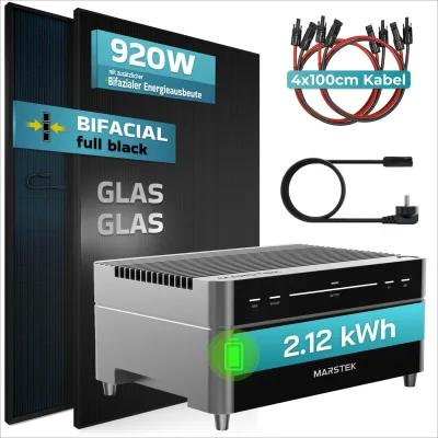 SUNNIVA® 920W Balkonkraftwerk mit 2,12 kWh Speicher Marstek Venus A & 800W Wechselrichter, BIFAZIAL FULLBLACK komplett Steckdose, PV Solaranlage Komplettset Solarspeicher, 2x460W N-Type Glas