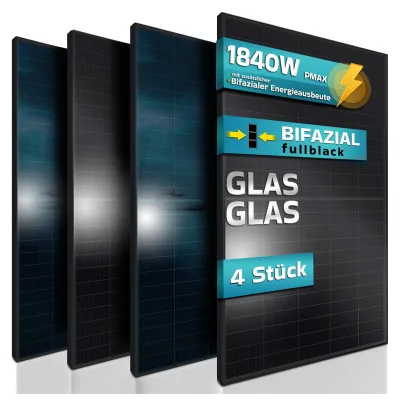 SUNNIVA® Solarpanel, 4x 460 W, FULL BLACK, Bifazial, Glas-Glas, N-Type Solarmodul, PV Module Solarpanel, PMax 1840W (4x460W), für Balkonkraftwerk Solaranlage PV Panel Photovoltaik Solar Komplettanlage