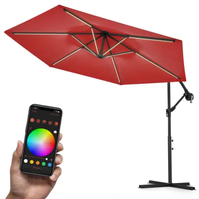 Swing&Harmonie® Luxus LED Sonnenschirm mit RGB Beleuchtung inkl. Fernbedienung, APP Steuerung, Ampelschirm, Garten Schirm 300cm - rot