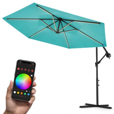 Swing&Harmonie® Luxus LED Sonnenschirm mit RGB Beleuchtung inkl. Fernbedienung, APP Steuerung, Ampelschirm, Garten Schirm 300cm - türkis
