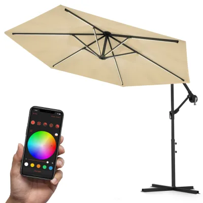 Swing&Harmonie® Luxus LED Sonnenschirm mit RGB Beleuchtung inkl. Fernbedienung, APP Steuerung, Ampelschirm, Garten Schirm 350cm - creme
