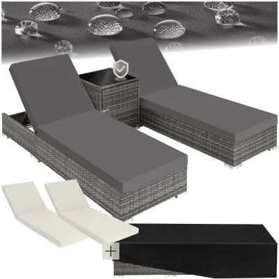 tectake® 2er Set Aluminium Rattan Sonnenliegen, wetterfest und UV-beständig, Tisch mit Staufach, inklusive 2 Bezugssets und Schutzhülle