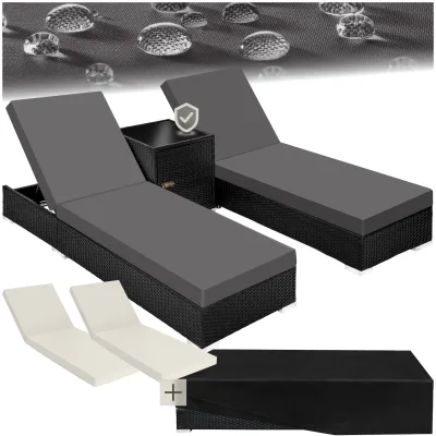 tectake® 2er Set Aluminium Rattan Sonnenliegen, wetterfest und UV-beständig, Tisch mit Staufach, inklusive 2 Bezugssets und Schutzhülle