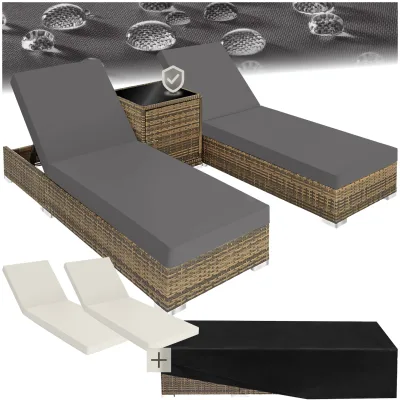 tectake® 2er Set Aluminium Rattan Sonnenliegen, wetterfest und UV-beständig, Tisch mit Staufach, inklusive 2 Bezugssets und Schutzhülle