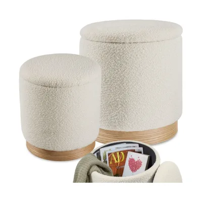 tectake® 2er Set Sitzhocker mit Stauraum, rund, gepolstert, mit Bouclé-Bezug