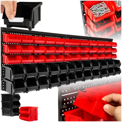 tectake® 2er Set Wandregal Stapelboxen, 62-teilig, komfortable Eingriffsöffnung, 2 stabile Wandplatten mit je 64 x 38 x 17,5 cm