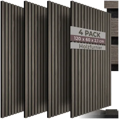 tectake® Akustikpaneele, Holzoptik in Eiche grau, MDF und Echtholzfurnier, je 60 x 120 x 2,1 cm, Größe flexibel anpassbar