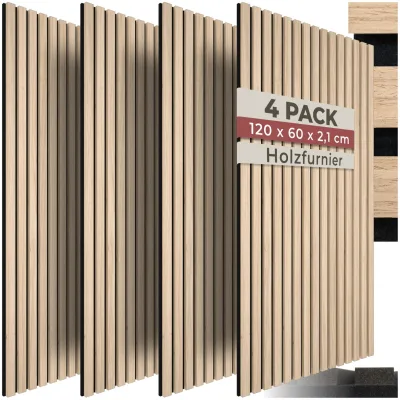 tectake® Akustikpaneele, Holzoptik in Eiche hell, MDF und Echtholzfurnier, je 60 x 120 x 2,1 cm, Größe flexibel anpassbar