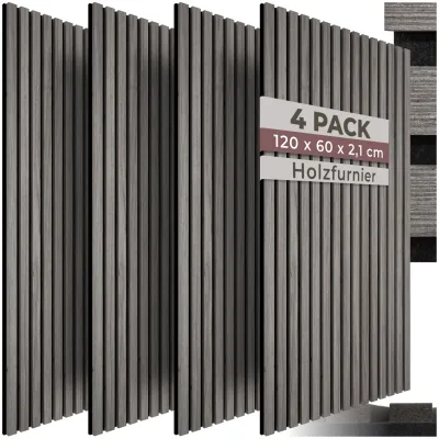 tectake® Akustikpaneele, Holzoptik in Eiche hellgrau, MDF und Echtholzfurnier, je 60 x 120 x 2,1 cm, Größe flexibel anpassbar