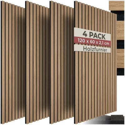 tectake® Akustikpaneele, Holzoptik in Eiche, MDF und Echtholzfurnier, je 60 x 120 x 2,1 cm, Größe flexibel anpassbar