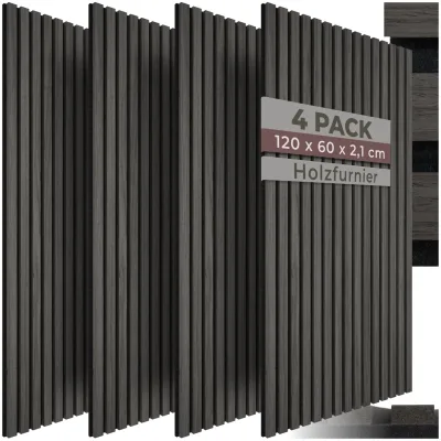 tectake® Akustikpaneele, Holzoptik in Eiche schwarz, MDF und Echtholzfurnier, je 60 x 120 x 2,1 cm, Größe flexibel anpassbar