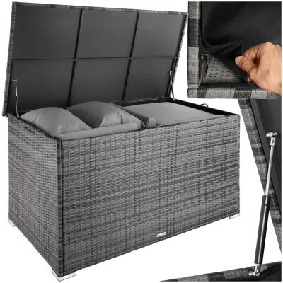 tectake® Aluminium Auflagenbox, 750 l, mit Rattangeflecht, komfortable Hubautomatik, 145 x 82,5 x 79,5 cm