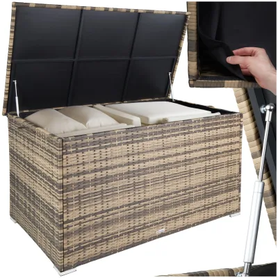tectake® Aluminium Auflagenbox, 750 l, mit Rattangeflecht, komfortable Hubautomatik, 145 x 82,5 x 79,5 cm
