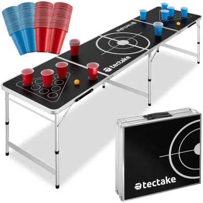 tectake® Aluminium Bierpongtisch, klappbar, bodenschonende Kunststofffüße, inklusive 100 Bechern und 6 Bällen