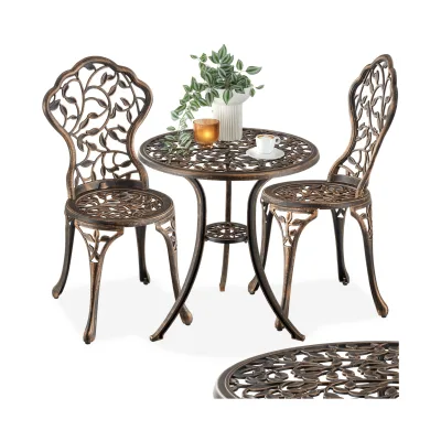 tectake® Aluminium Bistroset, für 2 Personen, im Vintage-Design, verspieltes Rankenmuster, Stühle mit höhenverstellbaren Kunststofffüßen