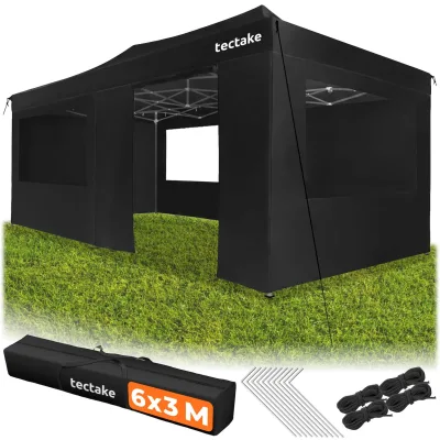 tectake® Aluminium Faltpavillon, 6 x 3 m, wasserdicht, höhenverstellbar, inklusive Spannseilen, Heringen und Tragetasche
