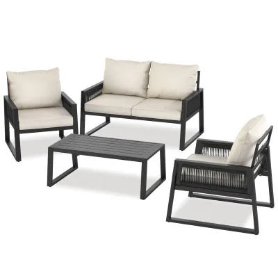tectake® Aluminium Garten-Lounge Set, im Rope-Design, wetterfest, höhenverstellbare Füße