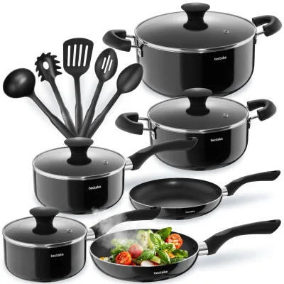 tectake® Aluminium Kochtopfset, 15-teilig, Glasdeckel mit Dampfabzug, 5 Küchenwerkzeuge