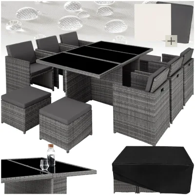 tectake® Aluminium Rattan Sitzgruppe, wetterfest und UV-beständig, für 6 bis 10 Personen, zusammenschiebbar, inklusive Schutzhülle