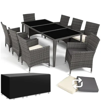 tectake® Aluminium Rattan Sitzgruppe, wetterfest und UV-beständig, mit Sicherheitsglasplatten, inklusive Schutzhülle