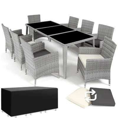 tectake® Aluminium Rattan Sitzgruppe, wetterfest und UV-beständig, mit Sicherheitsglasplatten, inklusive Schutzhülle