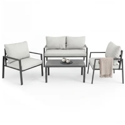 tectake® Aluminium Sitzgruppe, wetterfest, pflegeleichte Bezüge, Tisch mit Lamellenmuster