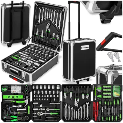 tectake® Aluminium Werkzeugkoffer, 1200-teilig, übersichtliche Anordnung auf 4 Ebenen, mit Klappgriff und Teleskopgriff