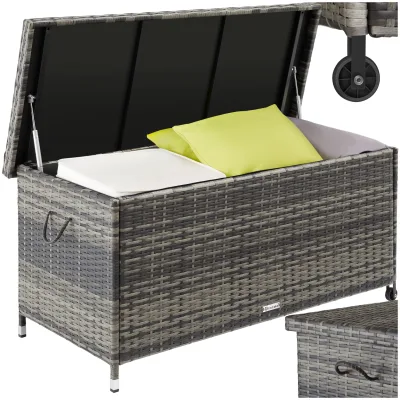 tectake® Auflagenbox, 270 l, mit Rattangeflecht, komfortable Hubautomatik, 121 x 56 x 60 cm