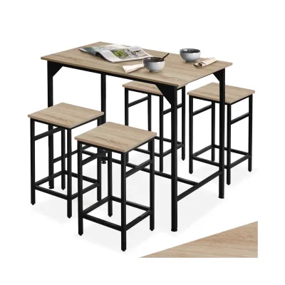 tectake® Bartisch-Set, 5-teilig, Industrial Style, mit höhenverstellbaren Kunststofffüßen