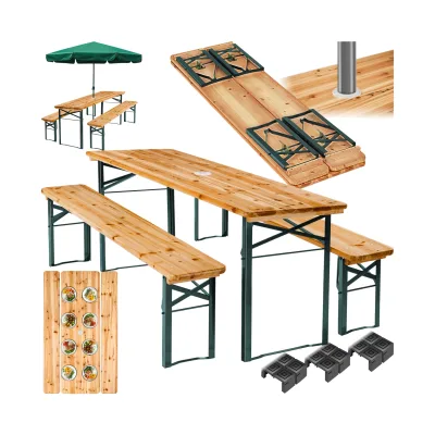 tectake® Bierzeltgarnitur, 3-teilig, klappbar, mit Sonnenschirmhalterung, beschichtetes Stahlgestell mit soliden Scharnieren, Holzlackierung mit Klarlack