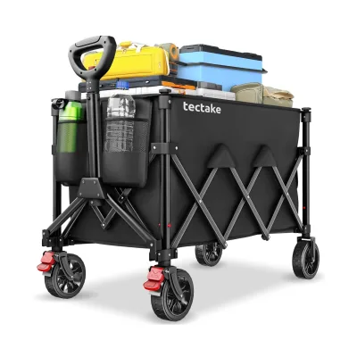 tectake® Bollerwagen, faltbar, abnehmbare Plane aus Oxford-Gewebe mit 3 Netztaschen und Reißverschlussfach, inklusive Einlegeboden, Belastbarkeit 80 kg