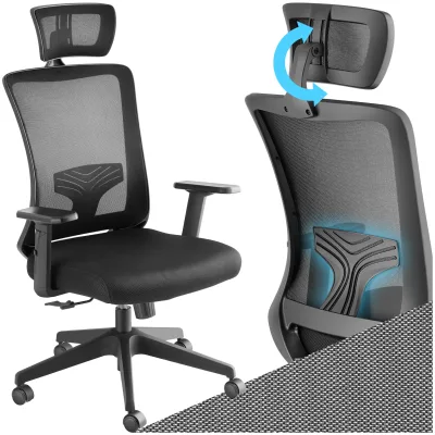 tectake® Bürostuhl, ergonomische Form mit Lordosenstütze und verstellbarer Kopfstütze, mit Netzstoffbezug, höhenverstellbare Armlehnen und Wippfunktion, stufenlos höhenverstellbar