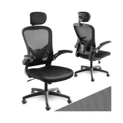 tectake® Bürostuhl, ergonomische Form mit verstellbarer Lordosenstütze und verstellbarer Kopfstütze, mit Netzstoffbezug, klappbare Armlehnen und Wippfunktion, stufenlos höhenverstellbar