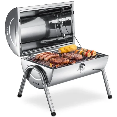 tectake® Edelstahlgrill, mit Doppel-Grillfläche und 2 Kohlewannen, inklusive 2 Grillrostheber, geringes Gewicht, 42 x 30,5 x 44 cm