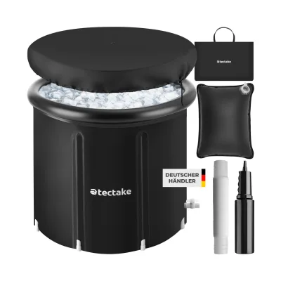tectake® Eisbadetonne, faltbar, mit 3-facher Isolierung, zentraler Wasserablass und Ablaufhahn, inkl. Tragetasche, Pumpe und Wasserkissen