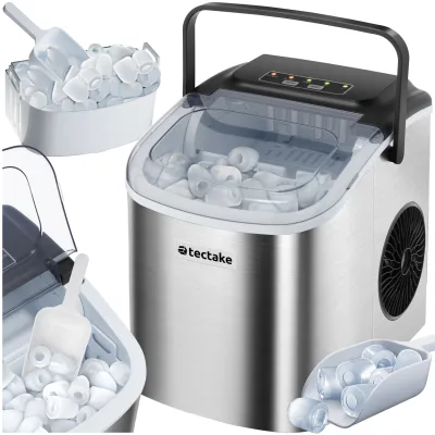 tectake® Eiswürfelmaschine, 1,2 l Wassertank, 2 Eiswürfelgrößen, 2 Assistenzsysteme, mit Reinigungsprogramm, inklusive Eiskorb und Eisschaufel