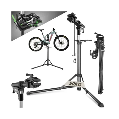 tectake® Fahrradmontageständer, Belastbarkeit 50 kg, klappbar mit Schnellverschlüssen, lackschonend, inklusive Vorderrad-Stabilisator und magnetischer Werkzeugablage