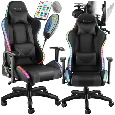 tectake® Gamingstuhl, ergonomische Form, mit verstellbarer Rückenlehne, Kunstlederbezug, abnehmbarer Nacken- und Lendenkissen, dicke Polsterung, Belastbarkeit 120 kg