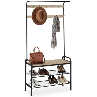 tectake® Garderobenständer, Industrial Style, mit Sitzfläche, 2 Gitterablagen und 9 abnehmbaren Haken, inklusive Kippschutz, 85,5 x 36 x 184 cm