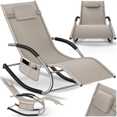 tectake® Sonnenliege, ergonomisch, mit Komfort-Schwingbewegung, atmungsaktives, wasserabweisendes Textilene-Gewebe, abnehmbares Kopfpolster, seitliche Aufbewahrungstasche