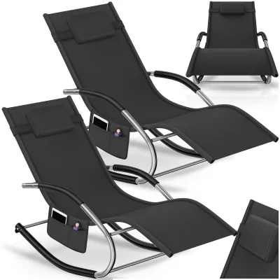 tectake® Sonnenliege, ergonomisch, mit Komfort-Schwingbewegung, atmungsaktives, wasserabweisendes Textilene-Gewebe, abnehmbares Kopfpolster, seitliche Aufbewahrungstasche