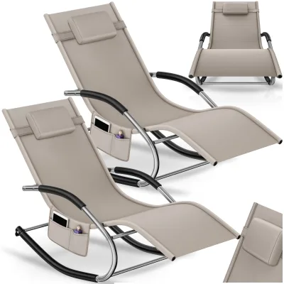 tectake® Sonnenliege, ergonomisch, mit Komfort-Schwingbewegung, atmungsaktives, wasserabweisendes Textilene-Gewebe, abnehmbares Kopfpolster, seitliche Aufbewahrungstasche