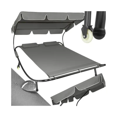tectake® Gartenliege, für 2 Personen, 2 Transportrollen, 2 Kopfpolster, 215 x 183 x 150 cm
