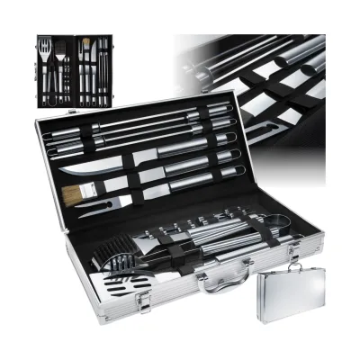 tectake® Grillbesteck mit Aluminiumkoffer, aus Edelstahl, Innenverkleidung aus Samt, lange Griffe