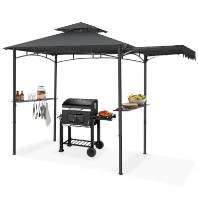 tectake® Grillpavillon, wetterfest mit UV-Schutz, klappbare Markise, seitliche Gitterablagen und 6 Haken, 316 x 150 x 250 cm
