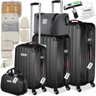 tectake® Hartschalenkoffer-Set, 19-teilig, Hartschalen aus robustem ABS-Kunststoff, 360° drehbare, abnehmbare Rollen, inklusive Packwürfelset, Kofferwaage und -anhänger