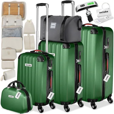 tectake® Hartschalenkoffer-Set, 19-teilig, Hartschalen aus robustem ABS-Kunststoff, 360° drehbare, abnehmbare Rollen, inklusive Packwürfelset, Kofferwaage und -anhänger