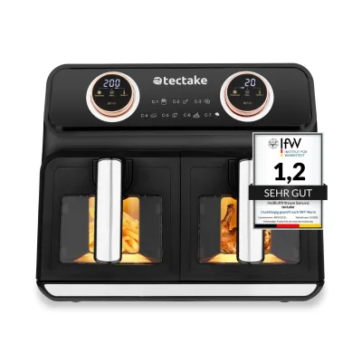 tectake® Heißluftfritteuse , 2 Garräume, je 4 l, 2400 W, individuelle Zeit- und Temperaturregelung je Kammer, 37,5 x 39 x 31,5 cm GS-Zertifikat, inklusive Rezeptheft
