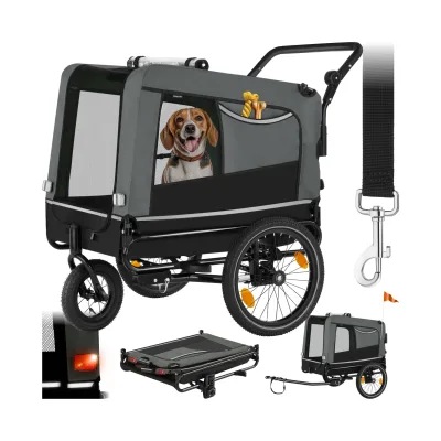tectake® Hundeanhänger, 3in1 multifunktional, gefedert, Belastbarkeit 40 kg, 240 Liter, inklusive Reflektoren, Leine und Warnfahne
